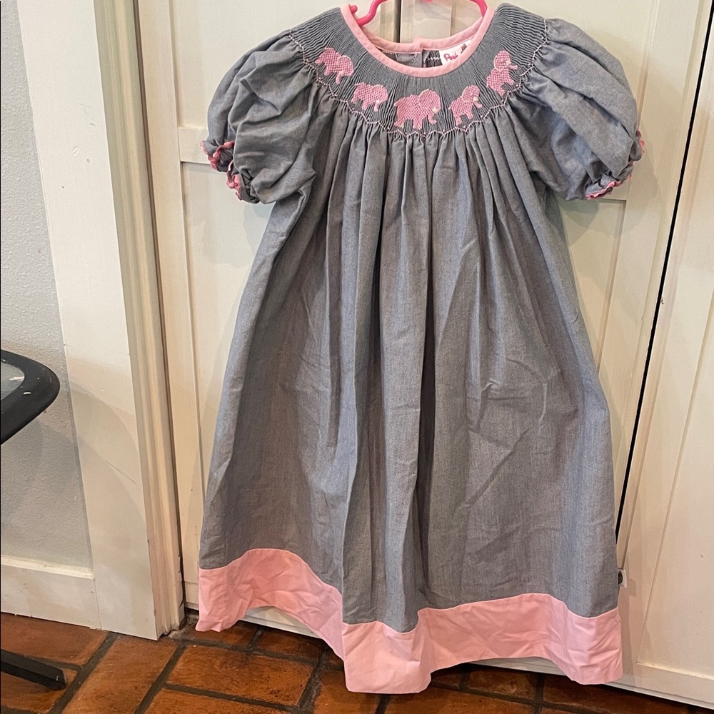 Pink and Gray Elephant Smocked Kids Dress